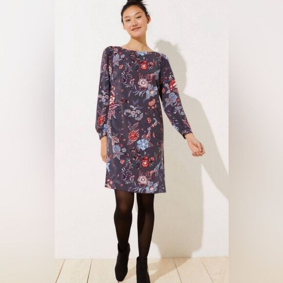 Floral Boho Shift Dress Gray Red Blue Long Sleeve Puff Sleeve Retro 4P Mini - Picture 2 of 8